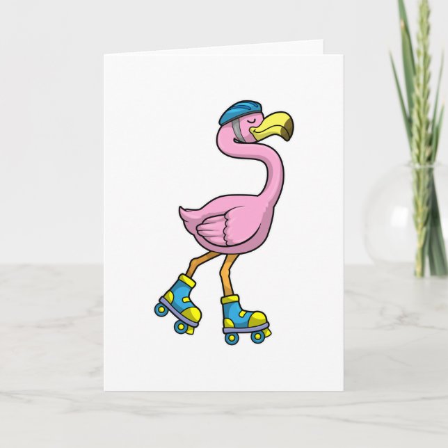 Carte Flamant rose de patinage avec patins et casque (Devant)