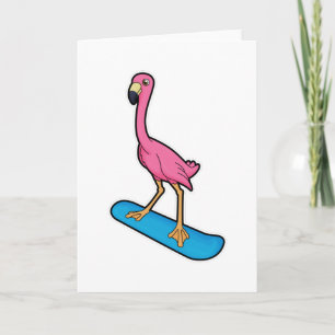 Carte Flamant rose en planchiste avec planche à neige