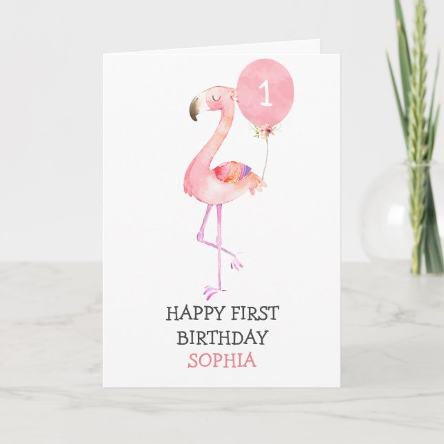 Carte Flamant rose fille rose premier anniversaire 1er a (Devant)