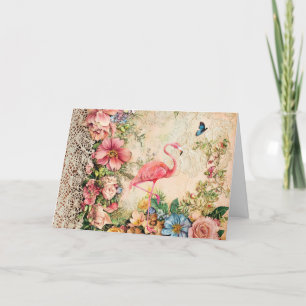 Carte Flamant rose florale Shabby Chic Watercolor