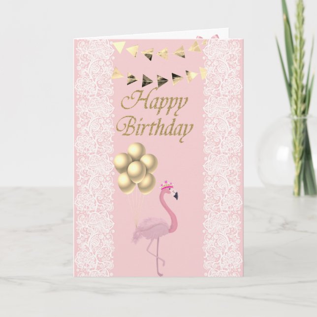 Carte Flamant rose rose adorable, diadème, dentelle, (Devant)