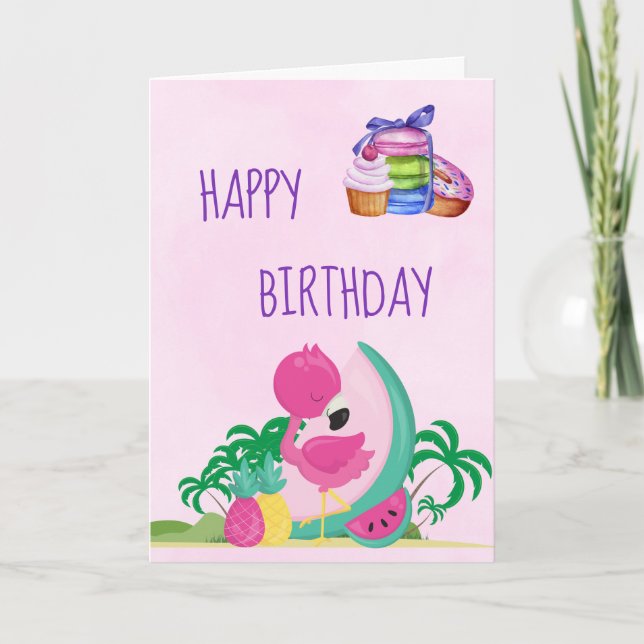 Carte Flamant rose rose avec des fruits et anniversaire (Devant)