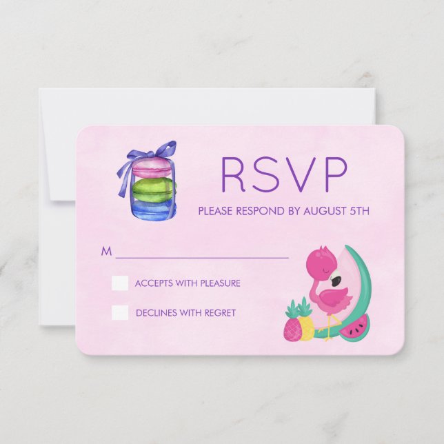 Carte Flamant rose rose avec Fruits et Macarons Réponse  (Devant)