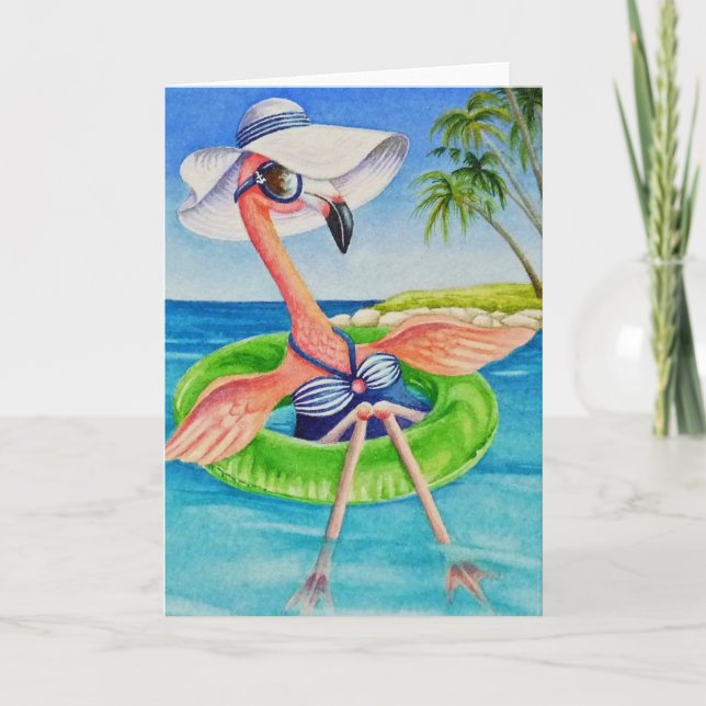 Carte Flamant rose rose blanc no 3 Aquarelle Art (Devant)