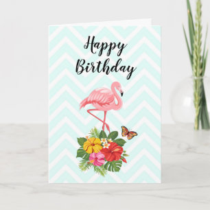 Carte Flamant rose rose et hibiscus tropicaux Anniversai