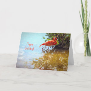 Carte Flamant rose rose pataugant dans l'eau Joyeux anni