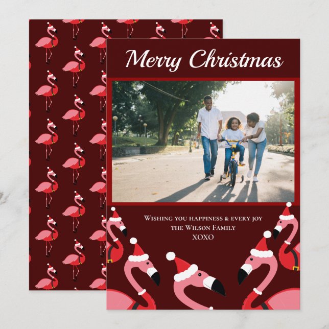 Carte Flamant rose rose Père Noël Photo Noël (Devant / Derrière)