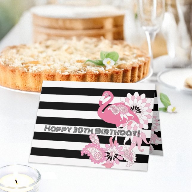 Carte Flamant rose rose rayé noir et blanc Anniversaire (Créateur téléchargé)