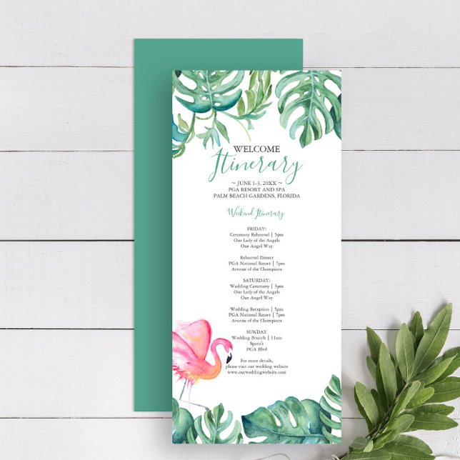Carte Flamant rose rose tropical Mariage Itinéraire (Wedding itinerary tropical destination weddings artwork and design by Victoria Grigaliunas)