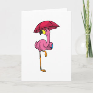 Carte Flamant rose sous la pluie avec un parapluie