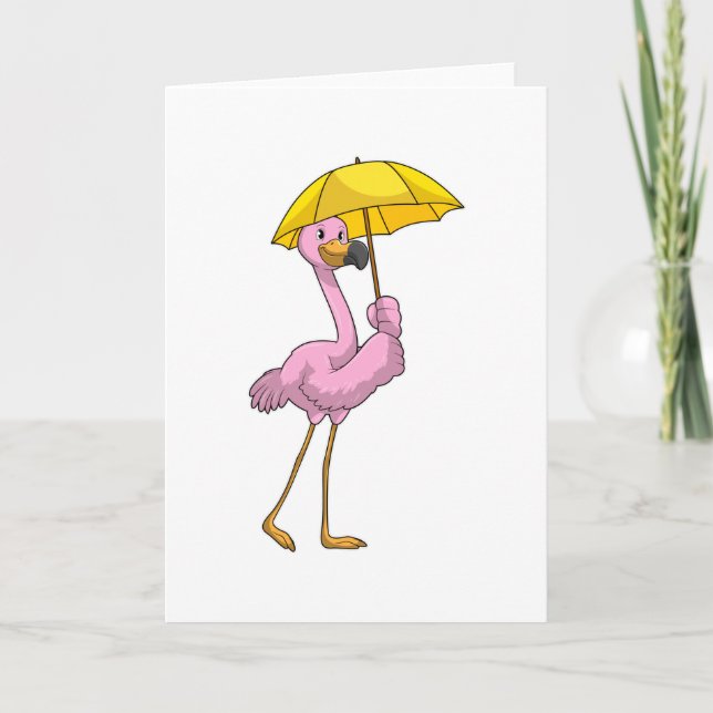 Carte Flamant rose sous la pluie avec un parapluie (Devant)