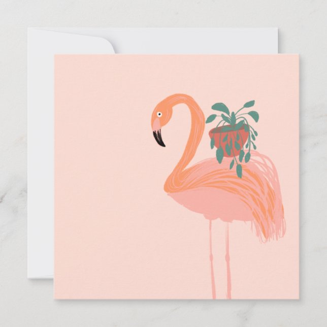 Carte Flamant rose tropical avec main Plante pointillée  (Devant)
