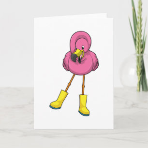 Carte Flamant sous la pluie avec des bottes en caoutchou