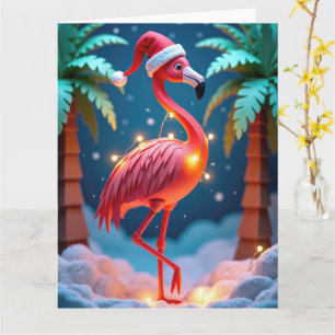 Carte Flamant Tropical avec Lumières dans un Noël enneig