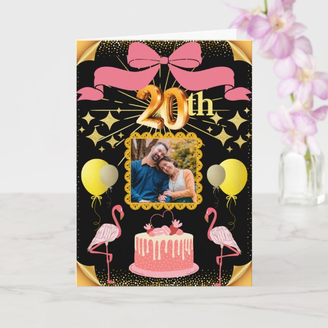 Carte Flamants roses Noir & Or 20e anniversaire de fille (Orchidée)