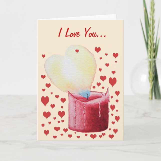 Carte flamme en forme de coeur chandelle rouge romantiqu (Devant)