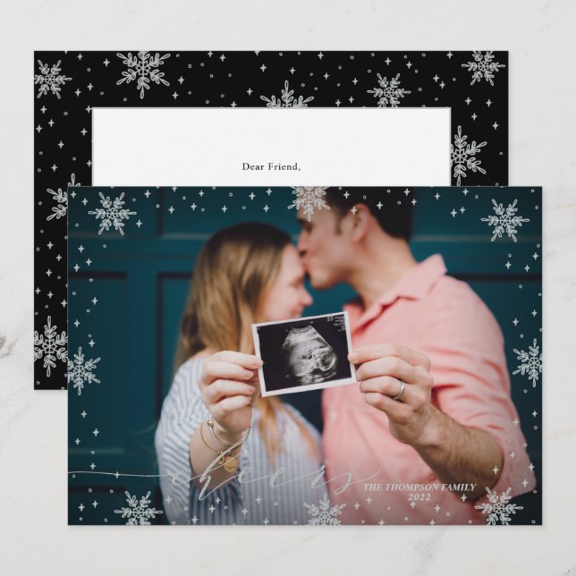 Carte Flammes de neige argentées Salutations de Noël pho (Devant / Derrière)