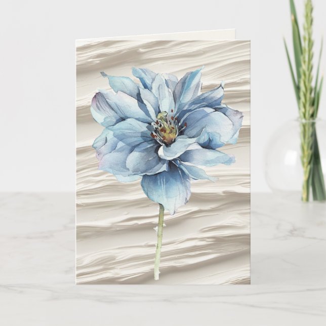 Carte Fleur Bleue D'Anniversaire Sur Abstrait D'Ivoire (Devant)