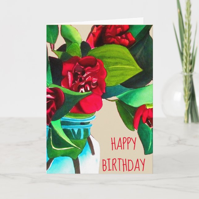 Carte Fleur d'aquarelle rouge Camellia anniversaire (Devant)