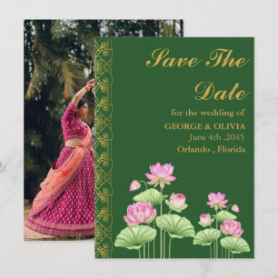 Carte Fleur de lotus verte Mariage indien Enregistrez la