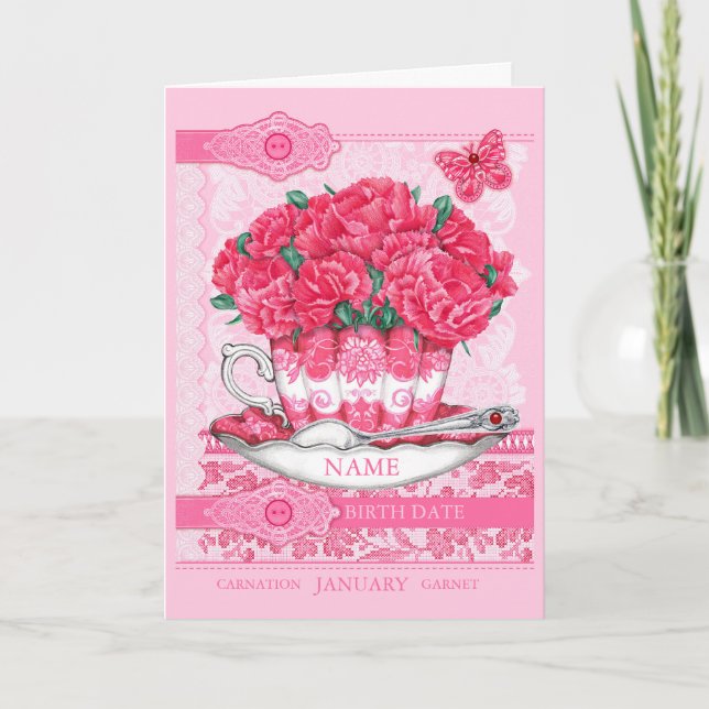 Carte Fleur de naissance et Gem Janvier Word Game Card (Devant)