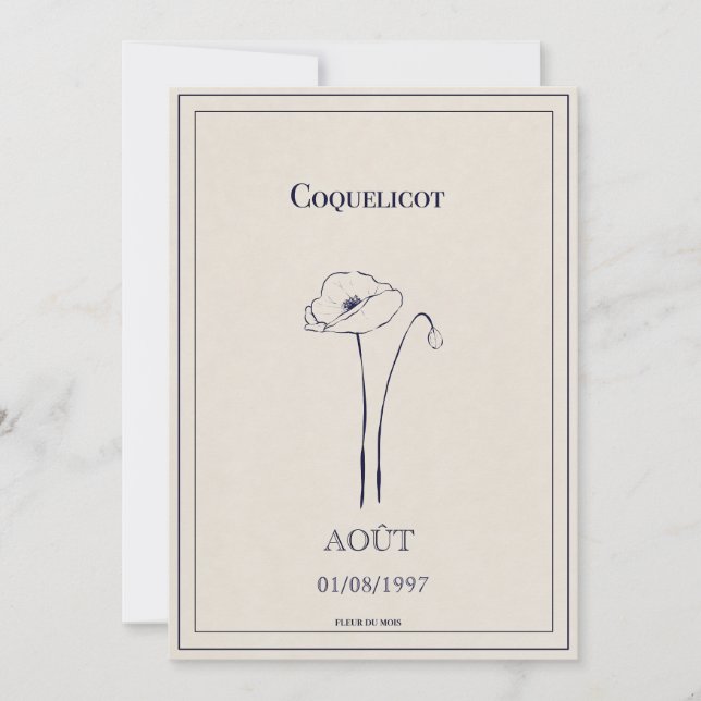 Carte fleur de naissance mois d’août coquelicot  (Devant)