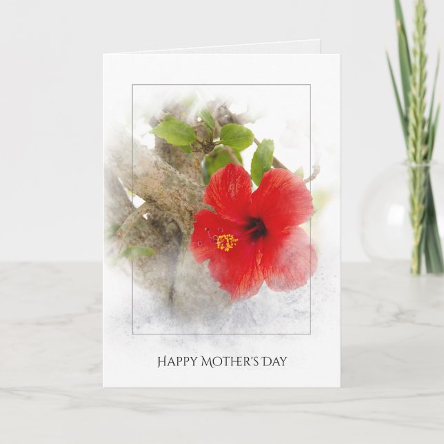 Carte Fleur d'hibiscus rouge Fête des Mères en cadre arg (Devant)