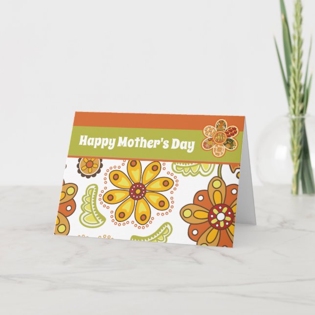 Carte Fleur rétro Orange Green Bonne fête des mères (Devant)
