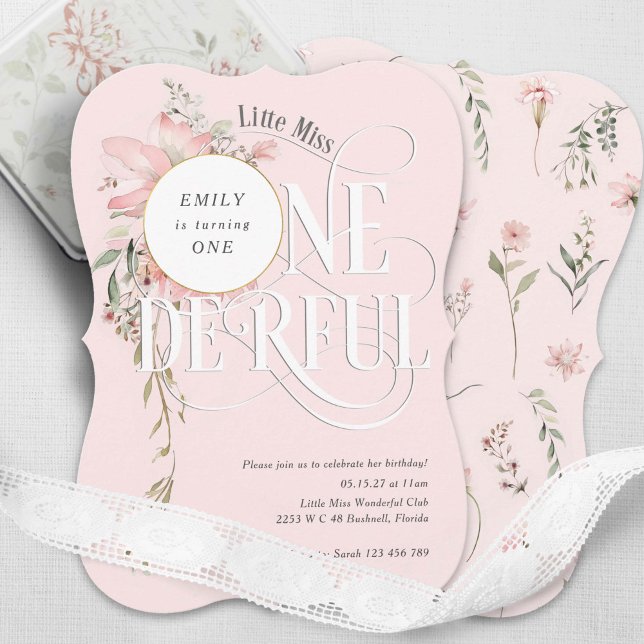 Carte Fleur rose Miss Onederland Fille 1er anniversaire (Pink, Girl 1st birthday, LIttle Miss Onederland, Watercolor Wildflower Themed invite.)