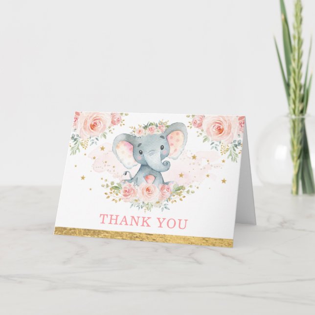 Carte Fleur rose pâle bébé Eléphant Fille Merci (Devant)