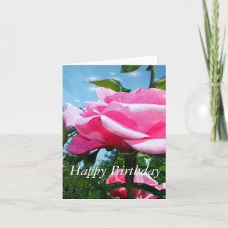 Carte Fleur rose rose et feuilles verts en bleu