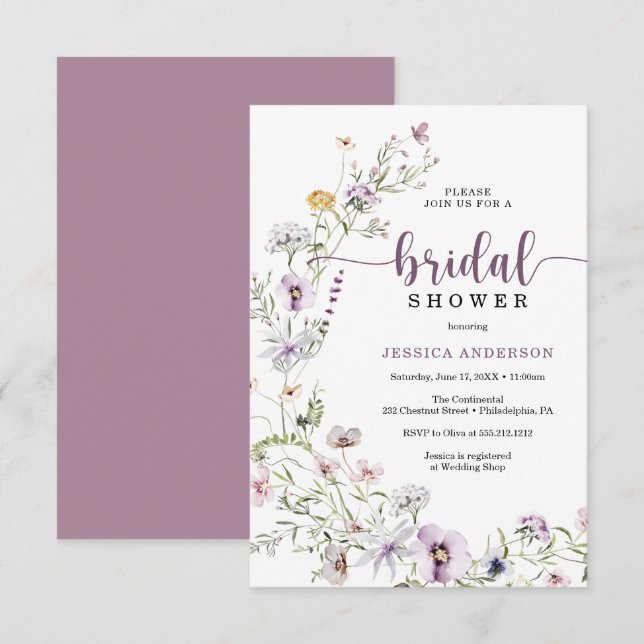 Carte fleur sauvage d'invitation de douche nuptial (Devant / Derrière)