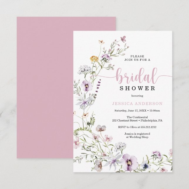 Carte fleur sauvage d'invitation de douche nuptial (Devant / Derrière)