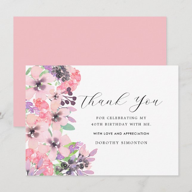 Carte Fleur sauvage rose violet 40e anniversaire Merci (Devant / Derrière)