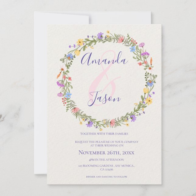 Carte Fleur sauvage Wreath Joli Jaune violet Mariage (Devant)