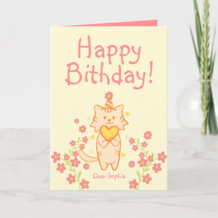 Carte Fleur vive&Cute Chat portant Casquette&Coeur Anniv