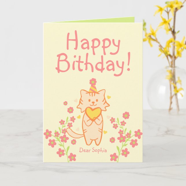 Carte Fleur vive&Cute Chat portant Casquette&Coeur Anniv (Fleur jaune)