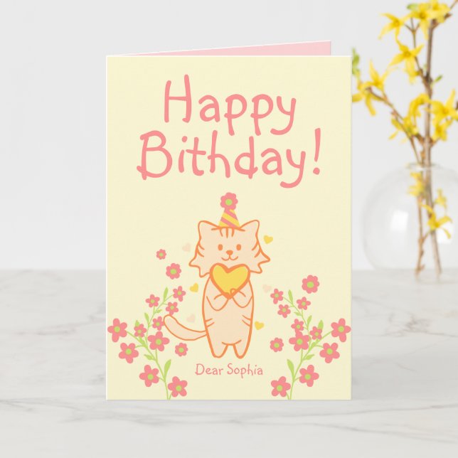 Carte Fleur vive&Cute Chat portant Casquette&Coeur Anniv (Fleur jaune)