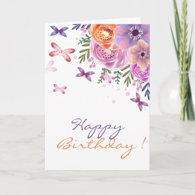 Carte Fleurs aquarelles adorables Papillons (Devant)
