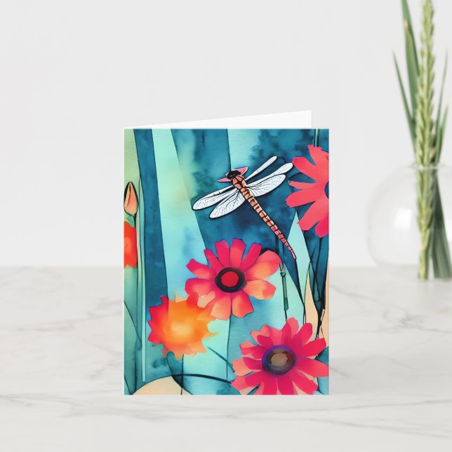 Carte Fleurs aquarelles et libellules personnalisables (Devant)