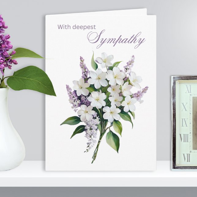 Carte Fleurs blanches et lilas élégantes Sympathie profo (An elegant floral sympathy card in a traditional style, with picture of a simple bouquet)
