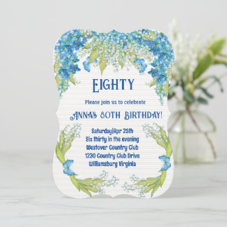 Carte Fleurs bleues Botanique 80e anniversaire Invitatio