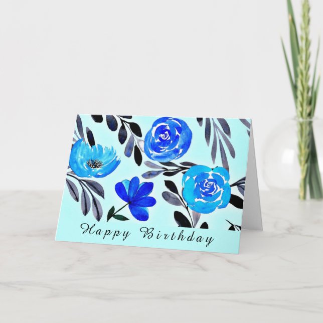 CARTE FLEURS BLEUES EAU COULEUR ART ANNIVERSAIRE (Devant)
