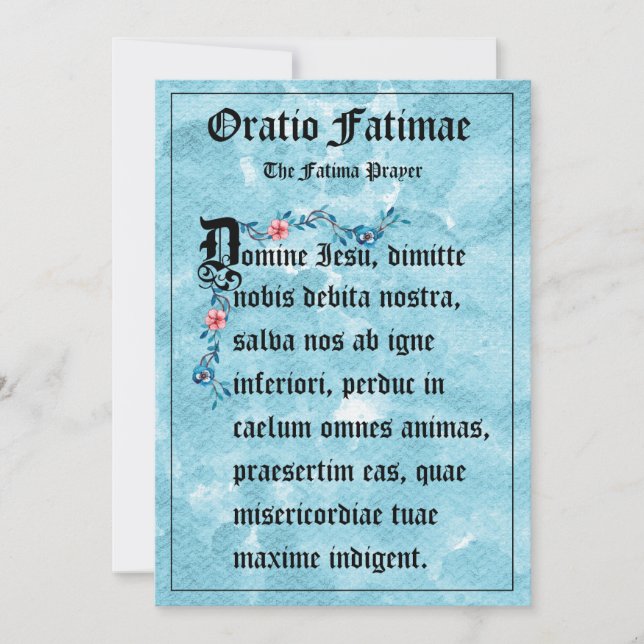 Carte Fleurs bleues |La prière Fatima en latin (Devant)