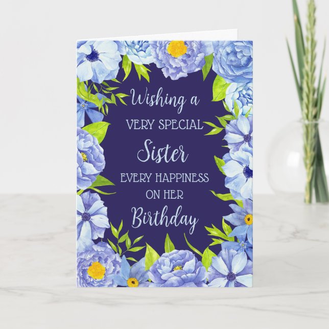 Carte Fleurs bleues Soeur Anniversaire (Devant)