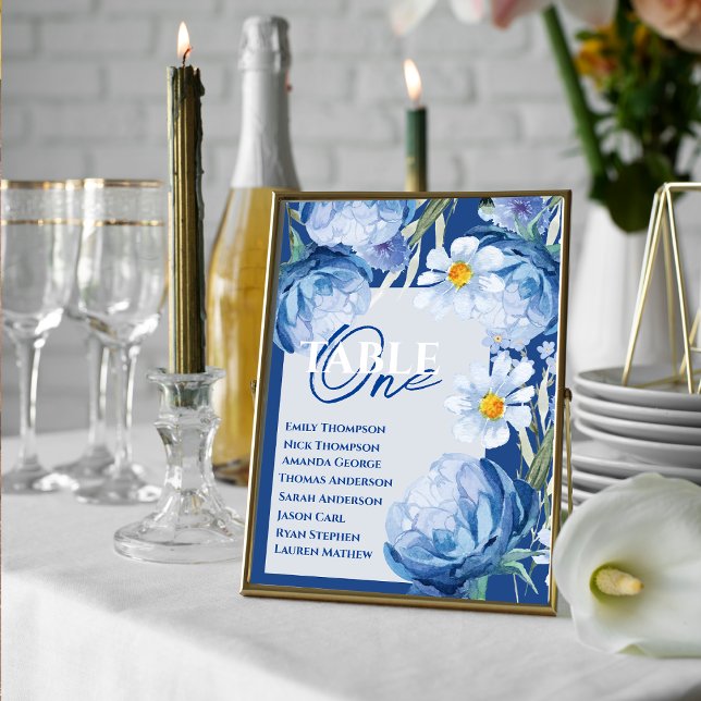 Carte Fleurs bleues Tableau Mariage floral (Blue Flowers Floral Wedding Table Seating Chart)