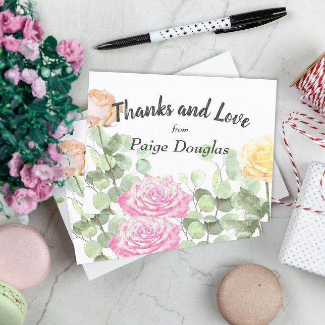 Carte Fleurs Botaniques Péché Rose Jaune Remise de diplô (graduation party graduate thank you card thanks stationary floral pink peach roses flowers botanical)