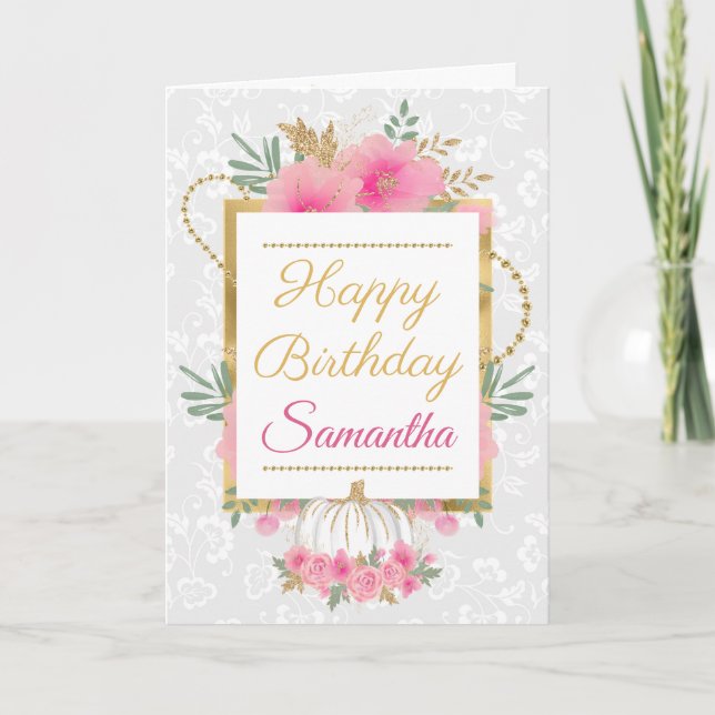 Carte Fleurs Citrouilles roses Gold Foil Anniversaire (Devant)