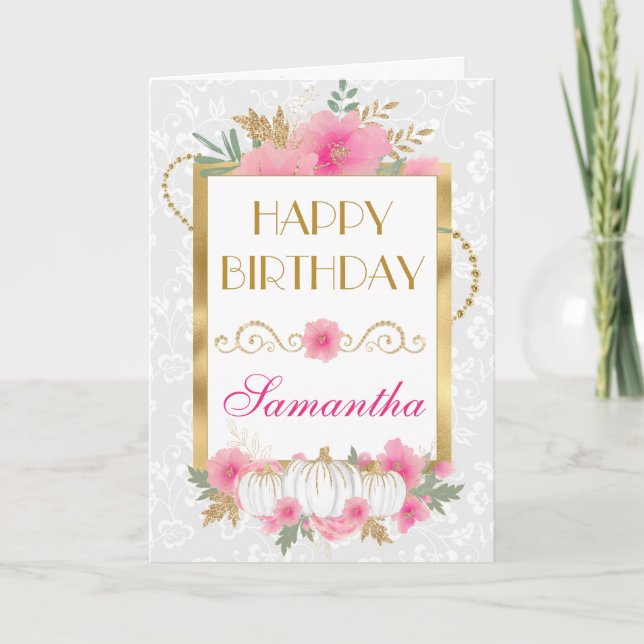 Carte Fleurs Citrouilles roses Gold Foil Anniversaire (Devant)