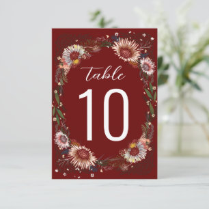 Carte Fleurs croisées Boho Dark Red Maroon Numéro de tab